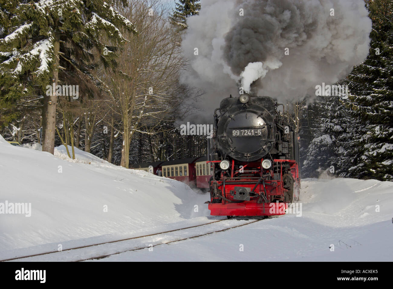 Steam locomotive in Harz Stock Photo