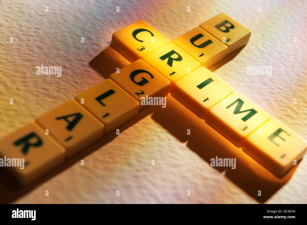 SCRABBLE BOARD GAME LETTERS SPELLING THE WORDS BURGLAR CRIME Stock