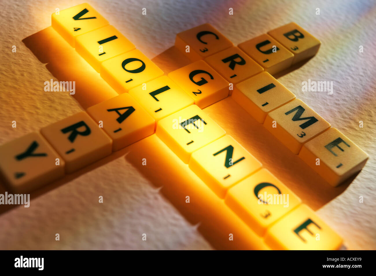 SCRABBLE BOARD GAME LETTERS SPELLING THE WORDS BURGLAR CRIME VIOLENCE