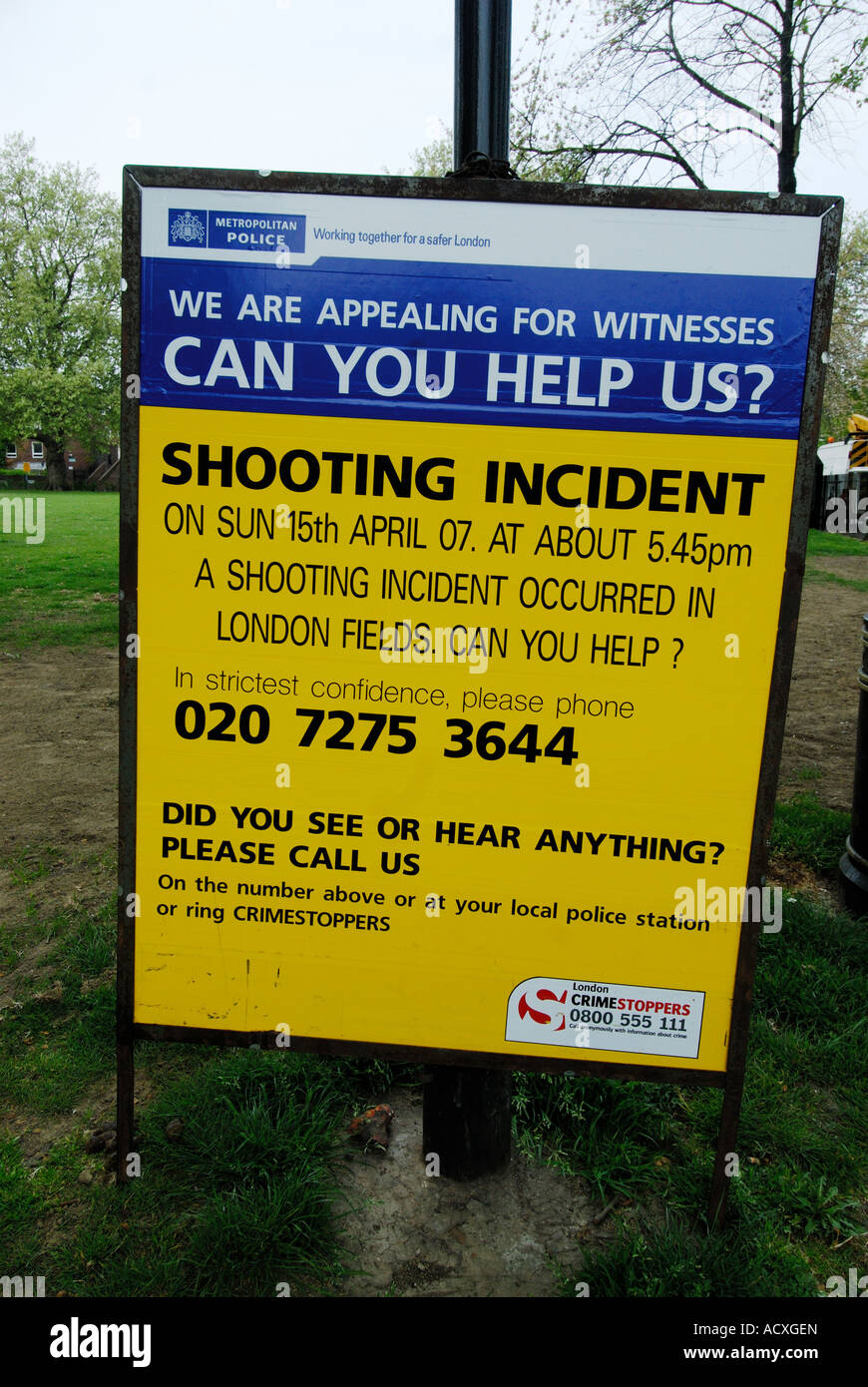 East London England Hackney Police crime information board asking for