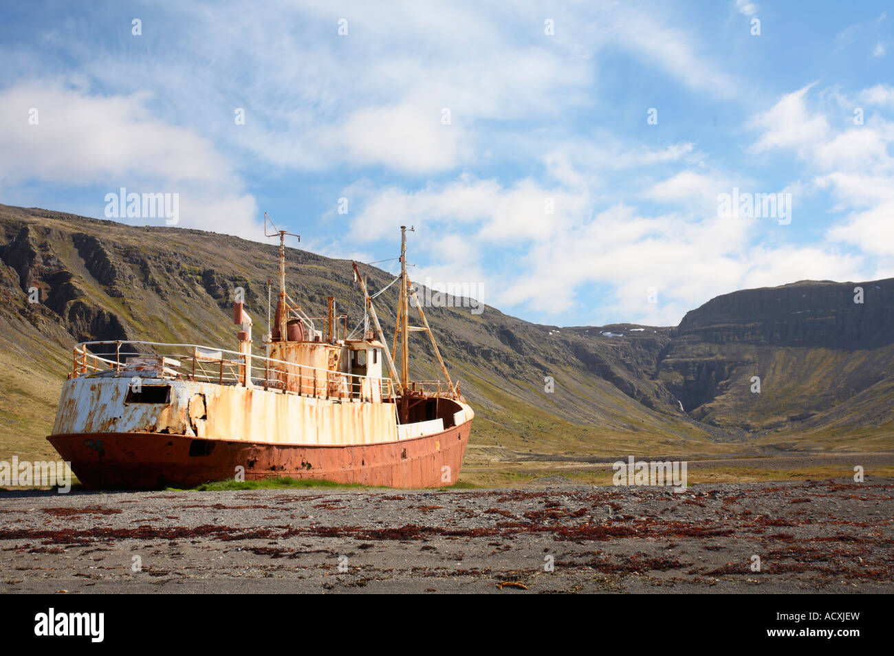A beached ship Garðar BA 64 at Patreksfjordur, Western Fjords, Iceland Stock Photo