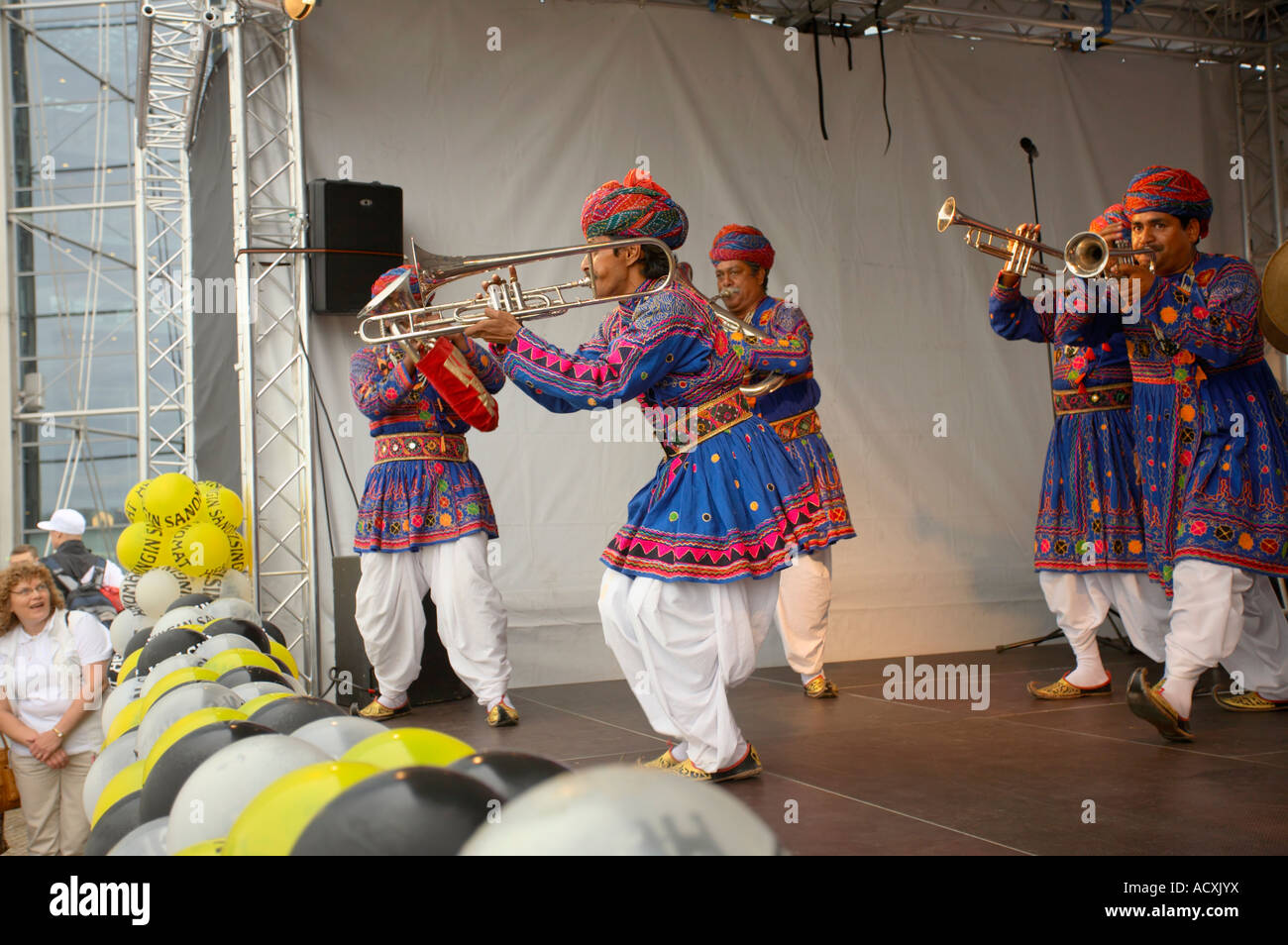 Jaipur Kawa Brass Band from India at the opening ceremonies at the Night of the Arts, Sanomatalo, Helsinki, Finland, EU. Stock Photo