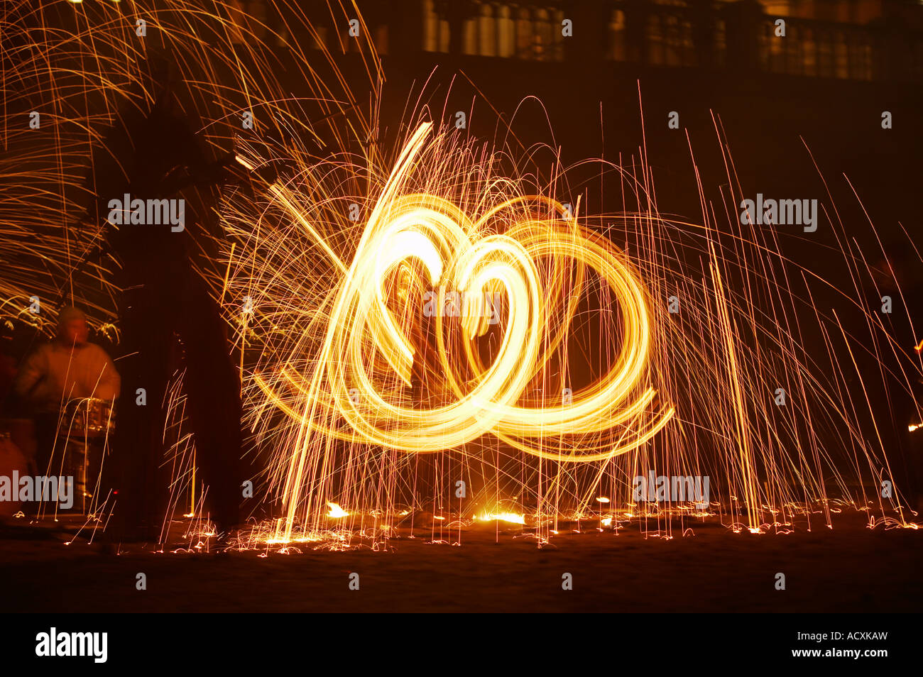 Burning steel wool spinning by Fire Folk at The Forces of Light festival, Helsinki, Finland Stock Photo