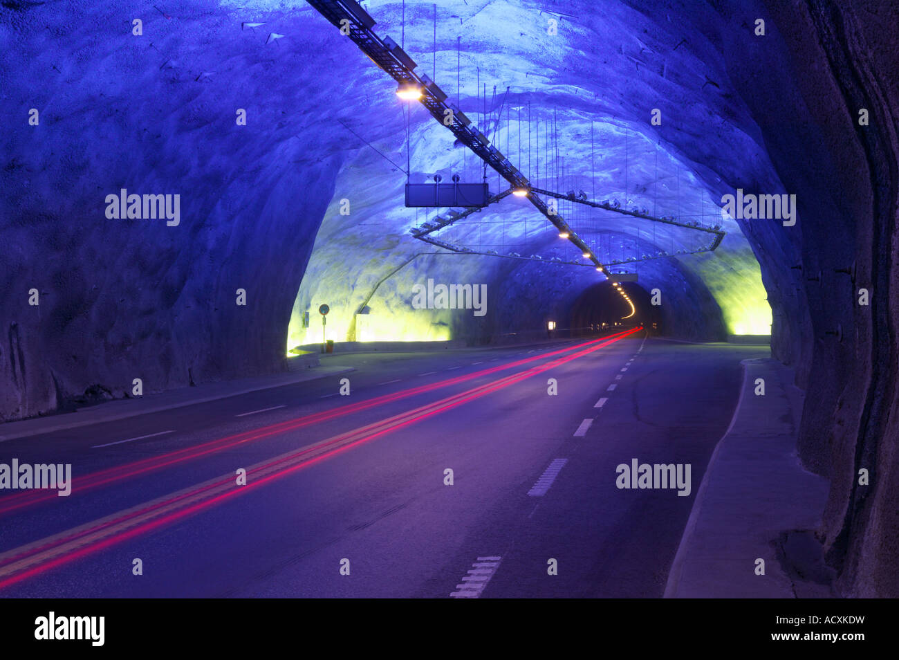 Illuminated section of the Laerdalstunnelen between Aurland and Laerdal, Aurland, Sogn og Fjordane, Norway Stock Photo