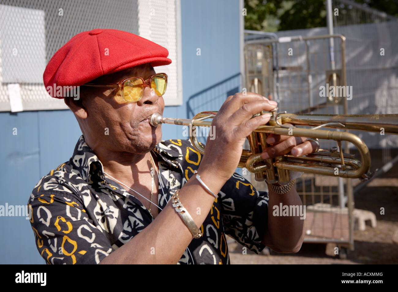 A trumpet player playing at backstage at the World Village festival, Kaisaniemi, Helsinki, Finland, EU Stock Photo