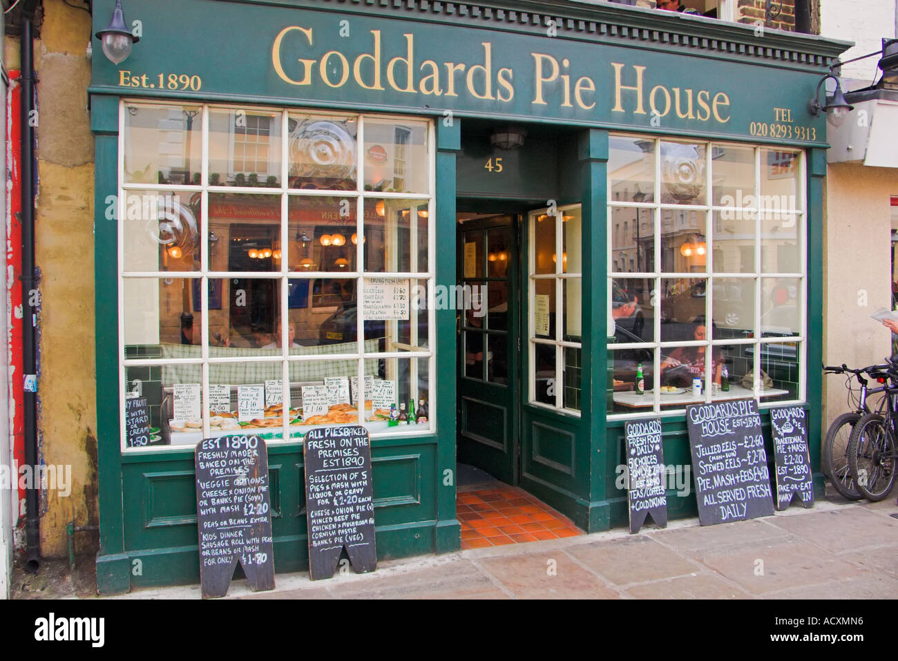 Menu boards outside Goddards Pie House Greenwich London England Stock