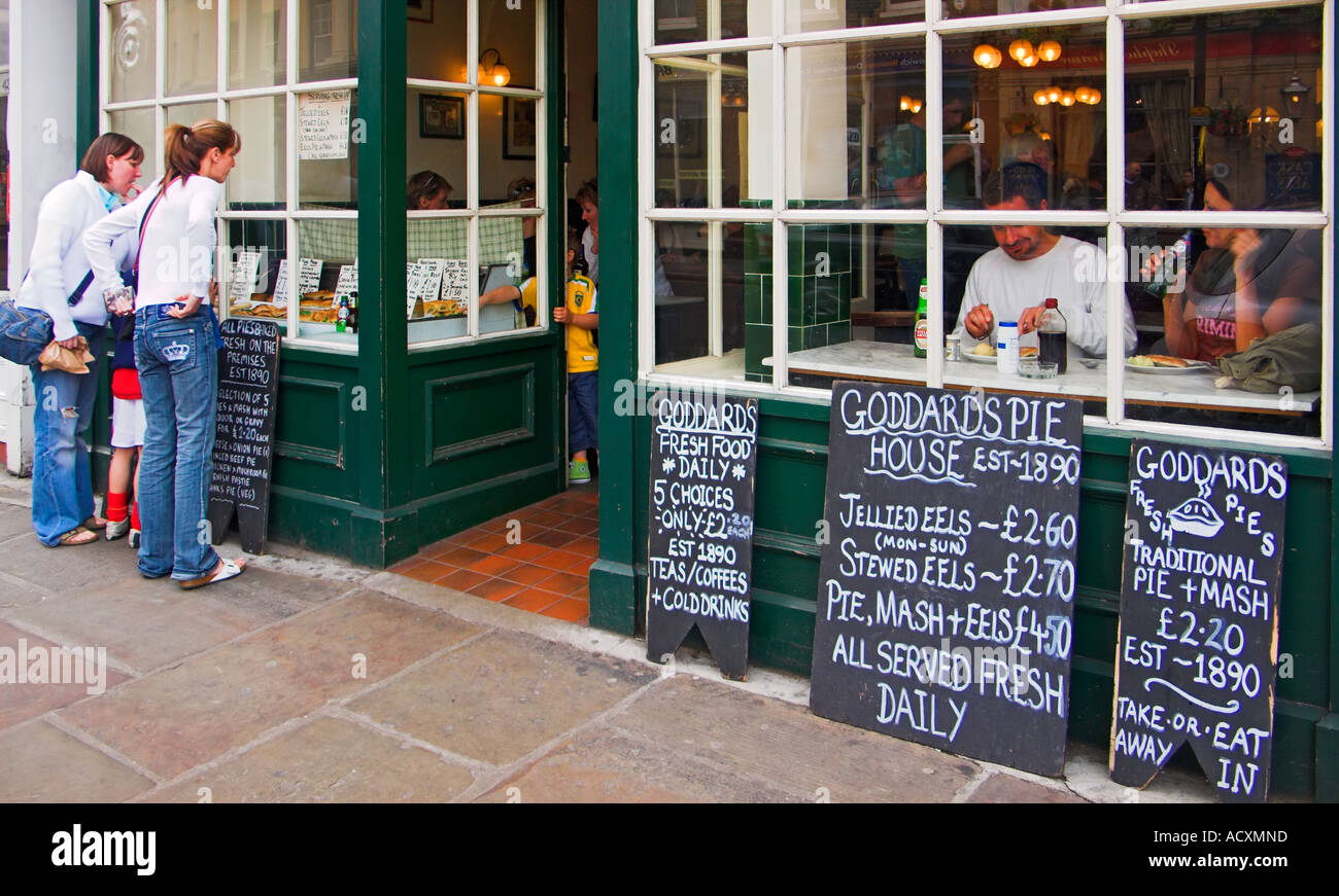Menu boards outside Goddards Pie House Greenwich London England Stock