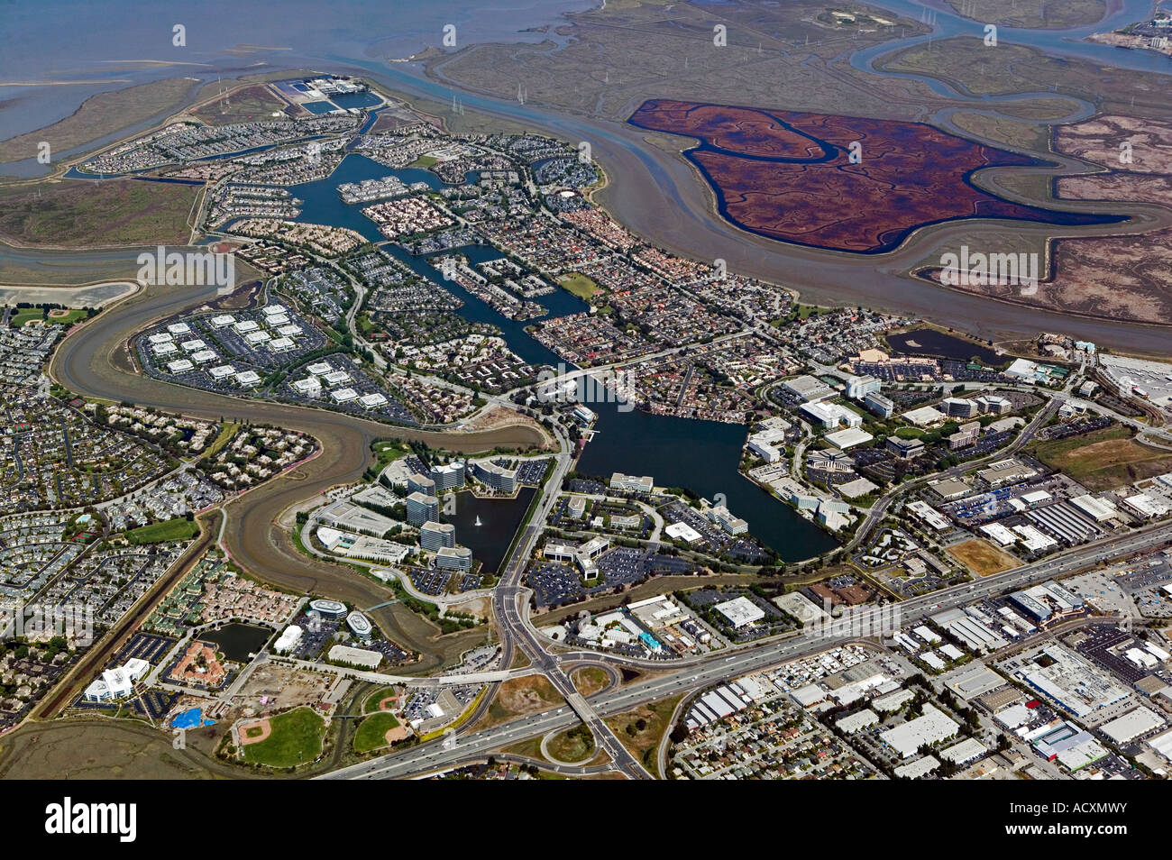 aerial view above Redwood Shores, California adjacent to San Francisco