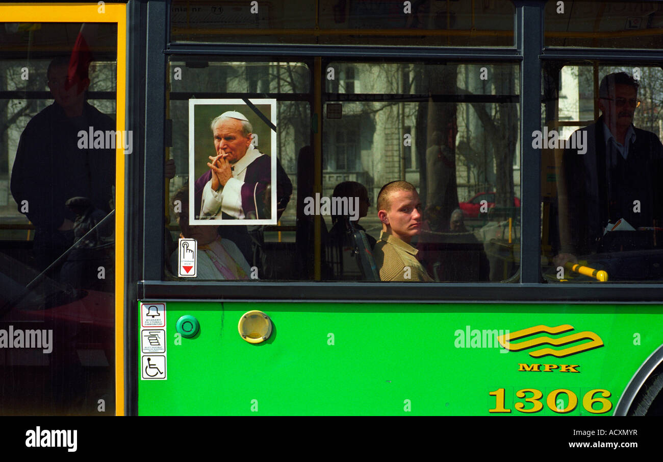 Picture of Pope John Paul II with black ribbon on it on a bus, Poznan, Poland Stock Photo