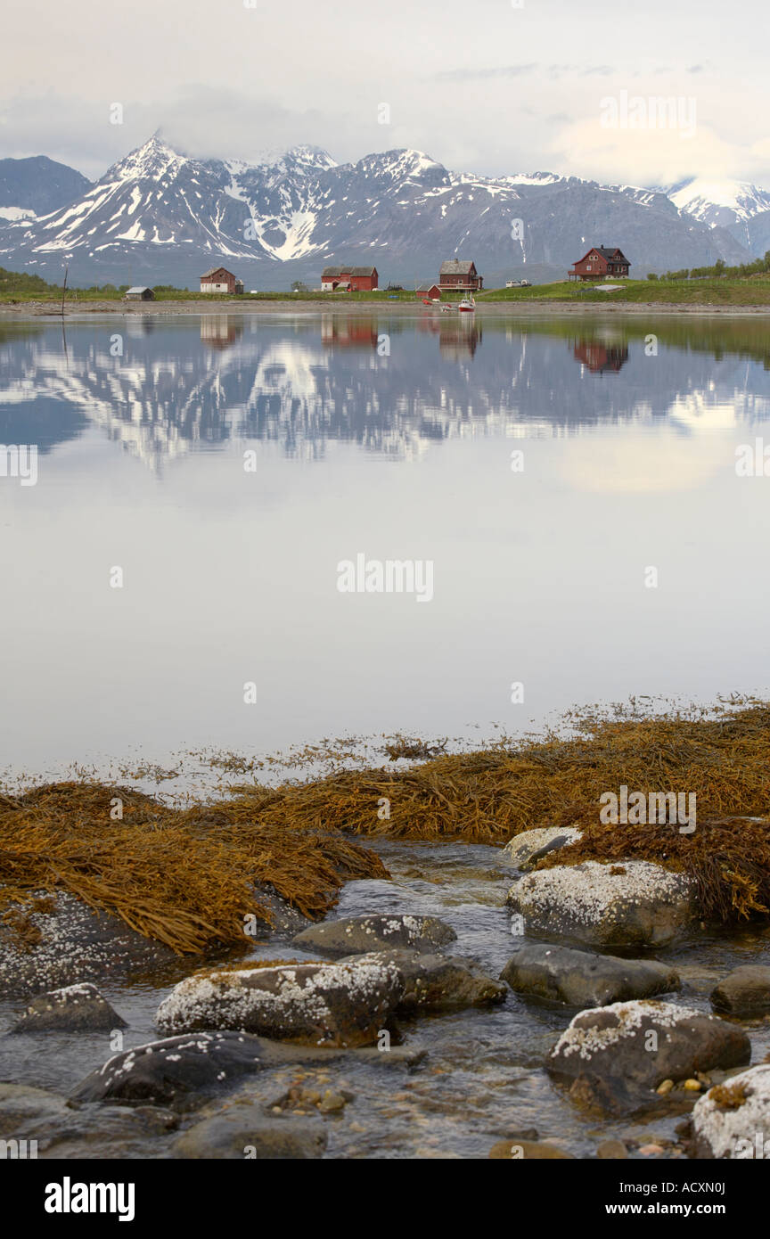 Countryside scenery of mountains over lake at Finnmark district, Norway, Europe. Stock Photo