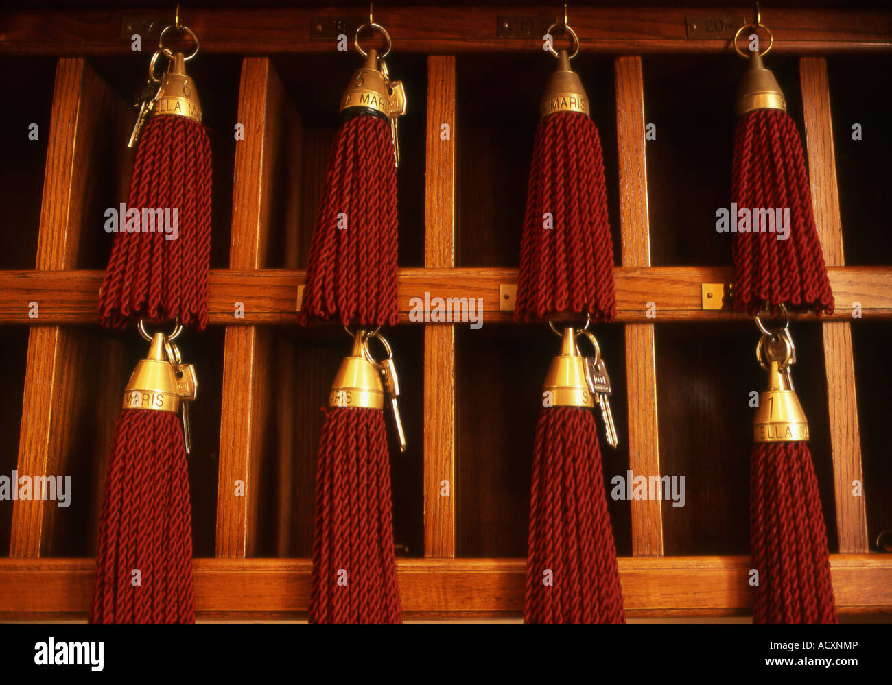 Antique Room Keys with Tassels at the Hotel Stella Maris, Levanto, Liguria, Italy Stock Photo