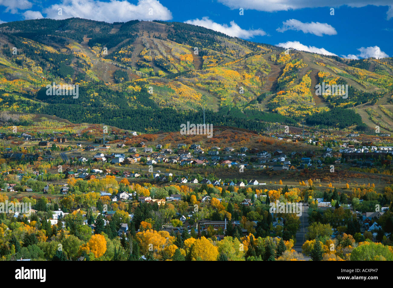 Fall colors in old town Steamboat Springs Mt Werner ski area CO USA