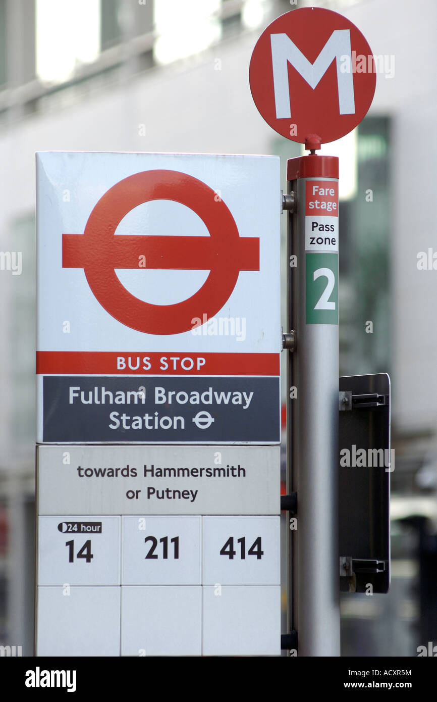 Bus stop sign outside Fulham Broadway in the borough of Hammersmith and Fulham in London Stock