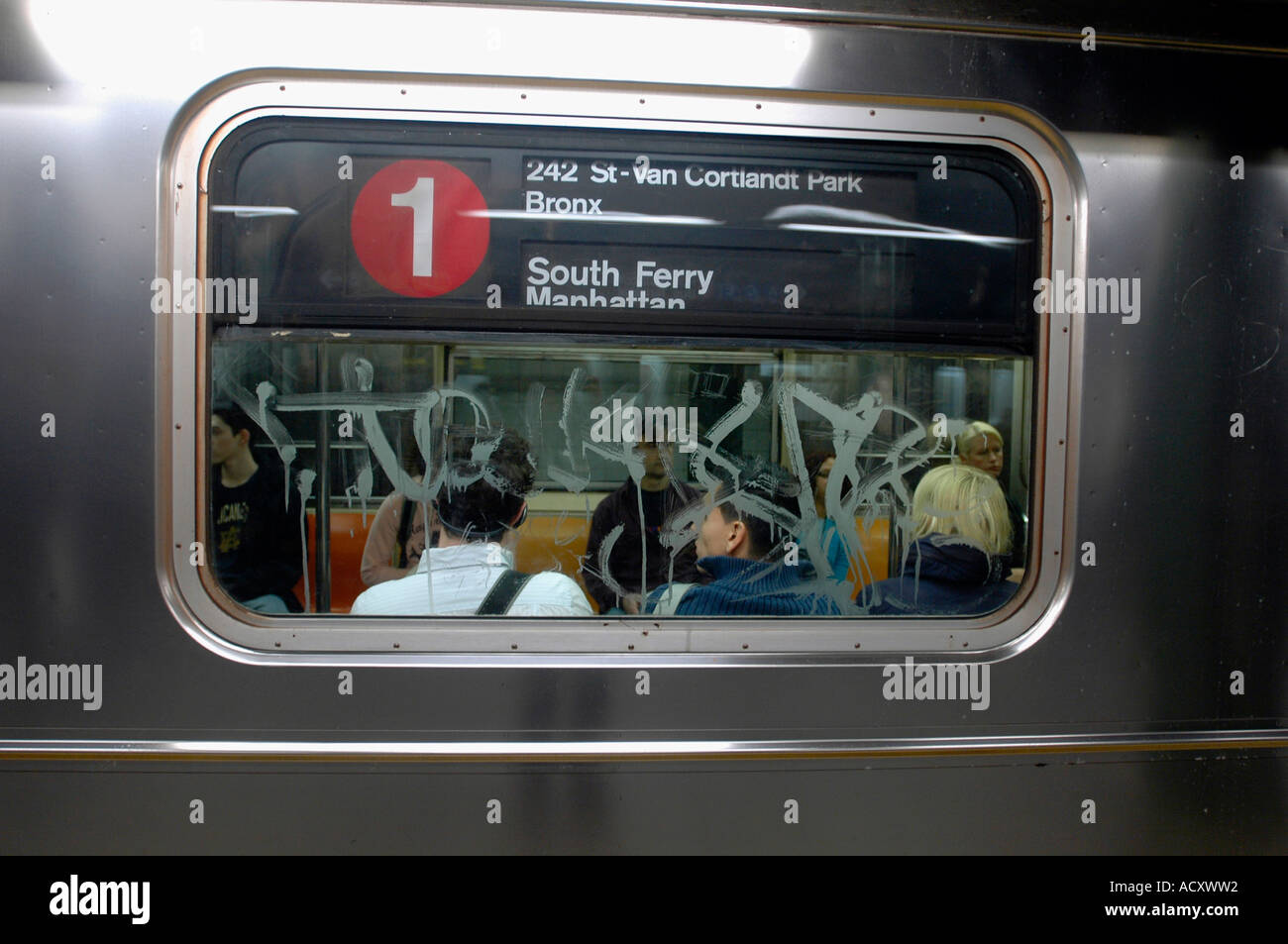 Acid Etched grafitti on New York City Subway cars Stock Photo - Alamy