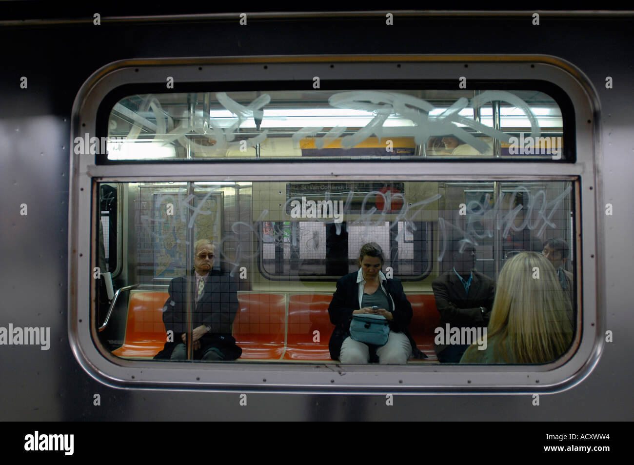 Acid Etched grafitti on New York City Subway cars Stock Photo - Alamy