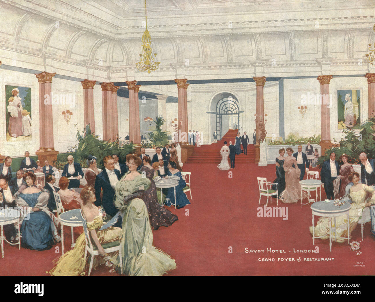 Grand foyer of restaurant at the Savoy Hotel, London 1906 Stock Photo