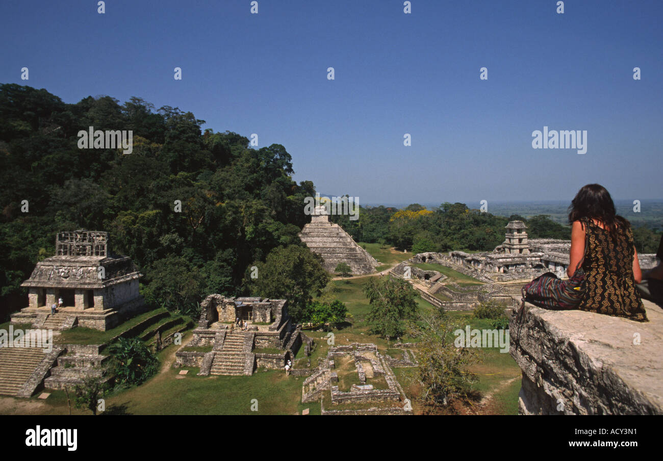 View over the temples of Palenque Chiapas Mexico Central America Stock Photo