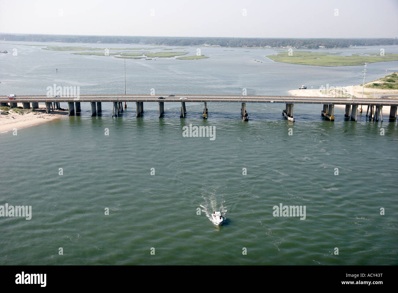 Virginia Beach,Lynnhaven Shores,Chesapeake Bay,Lynnhaven River,mouth,Shore Drive Bridge,aerial overhead view from above,view,boat,VA070612066 Stock Photo