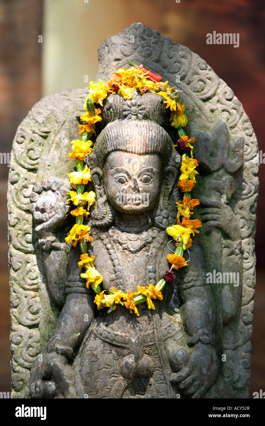 Flower offering to Shiva god.Durbar Square.Kathmandu.Nepal Stock Photo