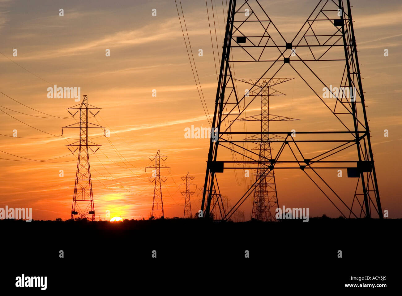 Sunset and silhouetted power transmission lines near Port Clinton, Ohio