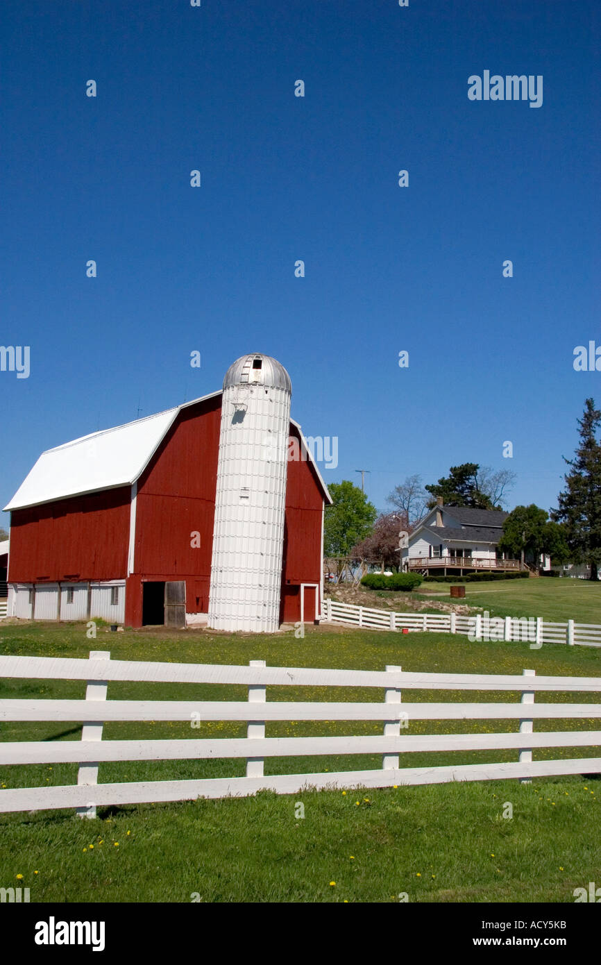 Red barn on a farm near Ada, Michigan. Stock Photo