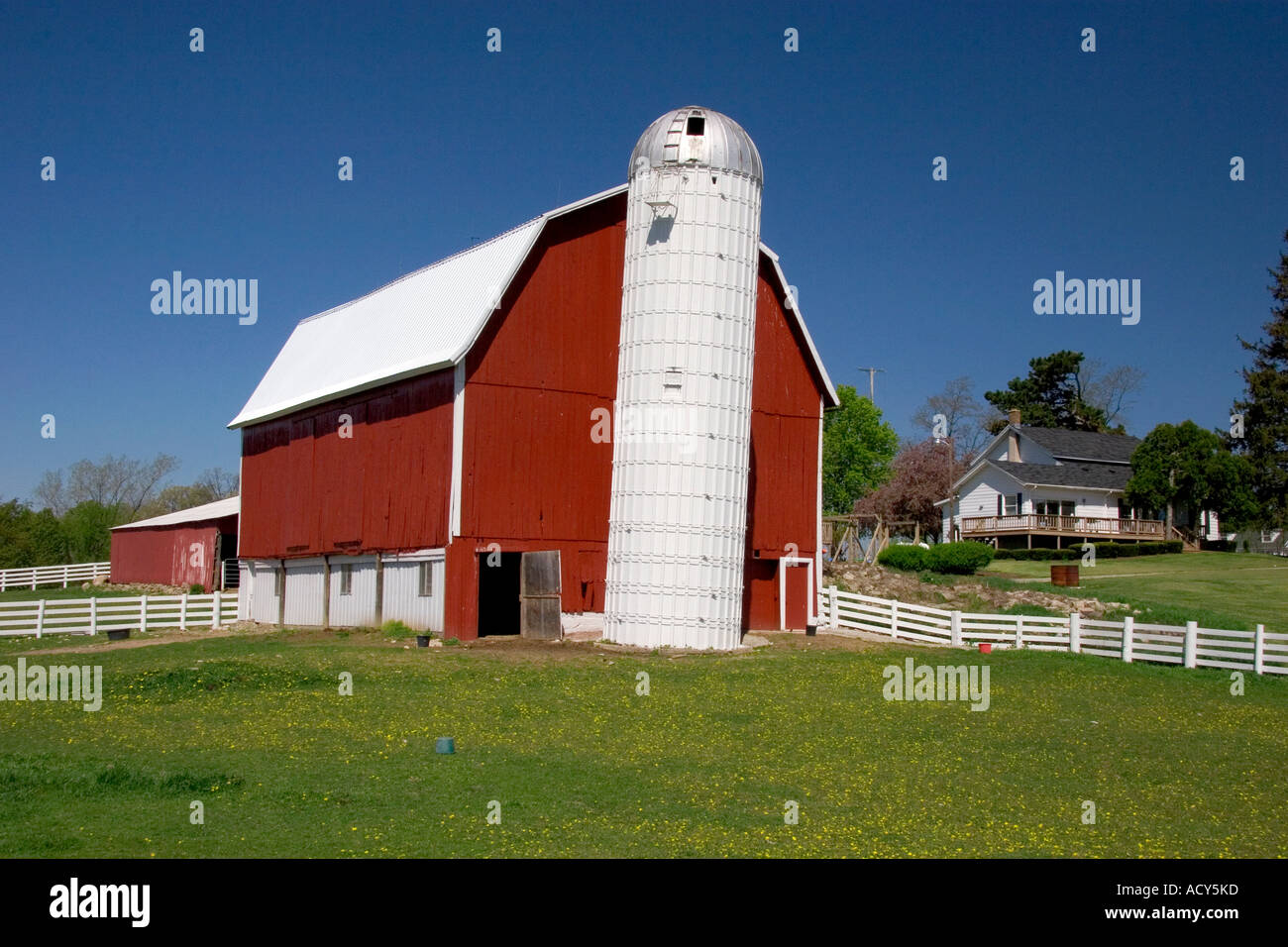 Red barn on a farm near Ada, Michigan. Stock Photo