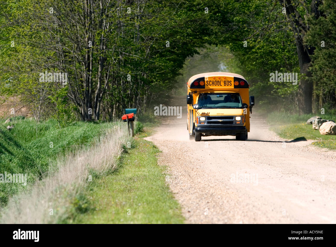 School bus on a country road near Clarksville, Michigan. Stock Photo