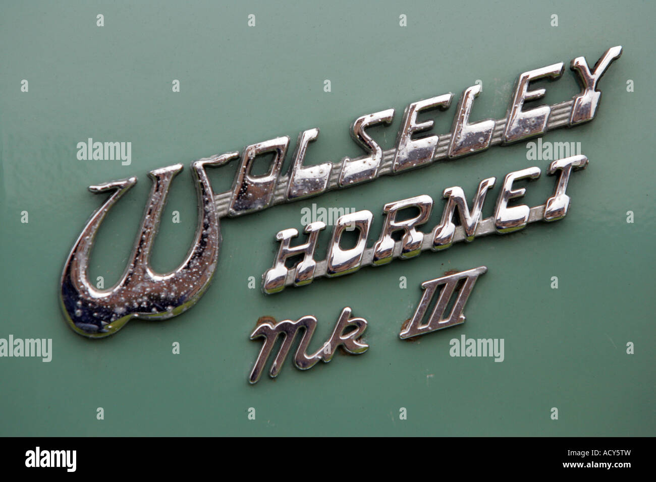 Wolseley Hornet chrome badge at vintage car show at Fyvie Castle, Aberdeenshire, Scotland, UK Stock Photo