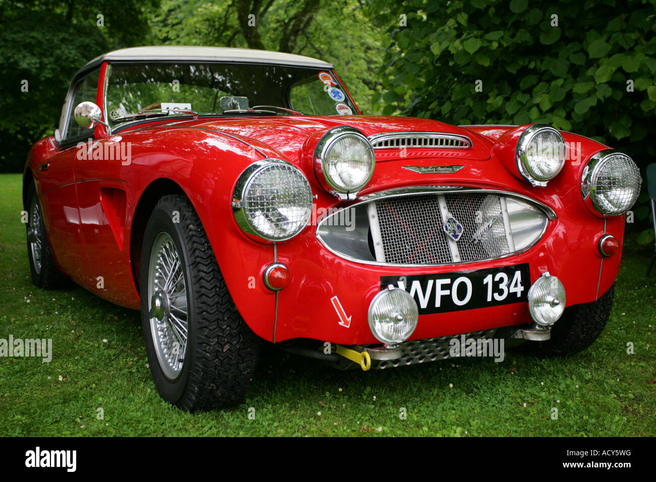 Red Austin Healey at vintage car show at Fyvie Castle, Aberdeenshire, Scotland, UK Stock Photo