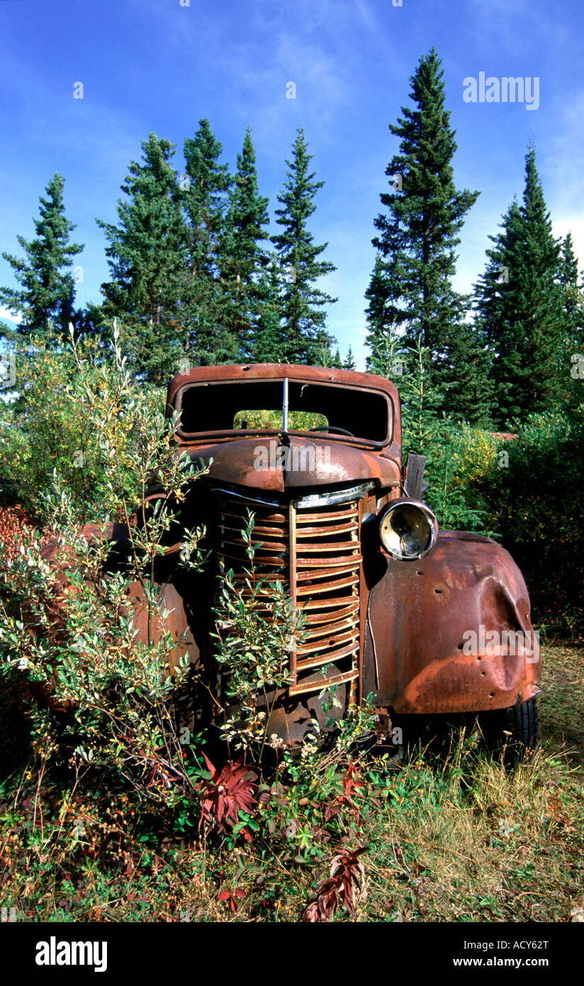 Old truck at Lower Laberge indian village. Yukon river. Canada Stock Photo