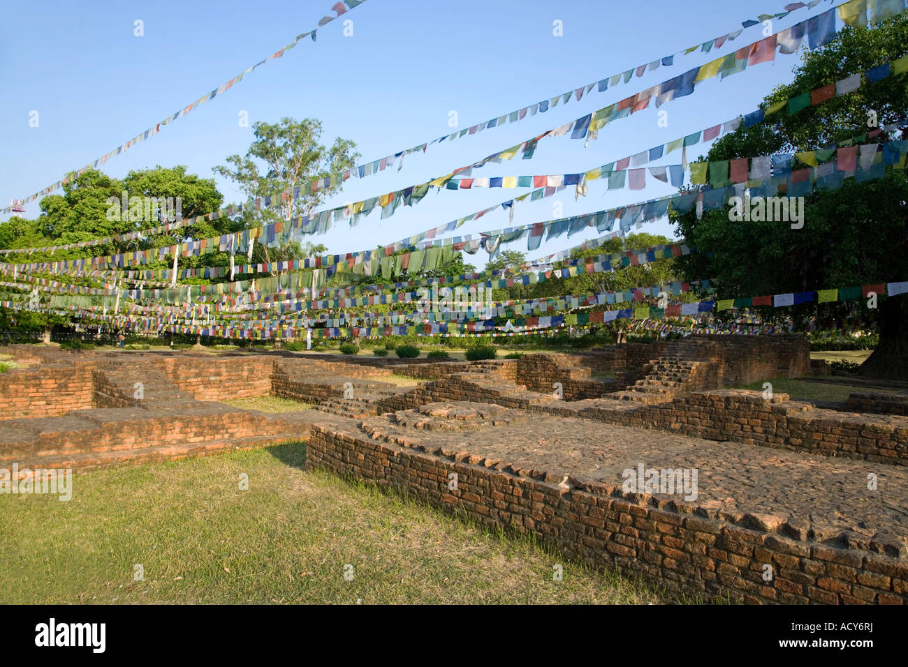 Brick foundations of stupas and viharas.Lumbini sacred garden.Birthplace of Lord Buddha.Nepal Stock Photo