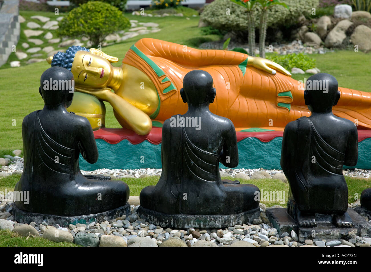Lord Buddha and disciples sculptures. German Buddhist monastery. Tara Foundation. Lumbini. Nepal Stock Photo