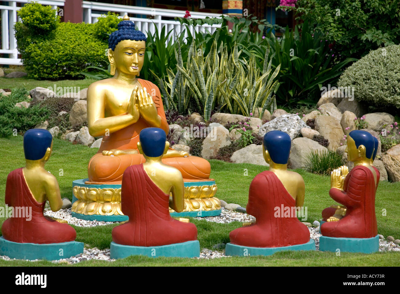 Lord Buddha and disciples sculptures. German Buddhist monastery. Lumbini. Nepal Stock Photo