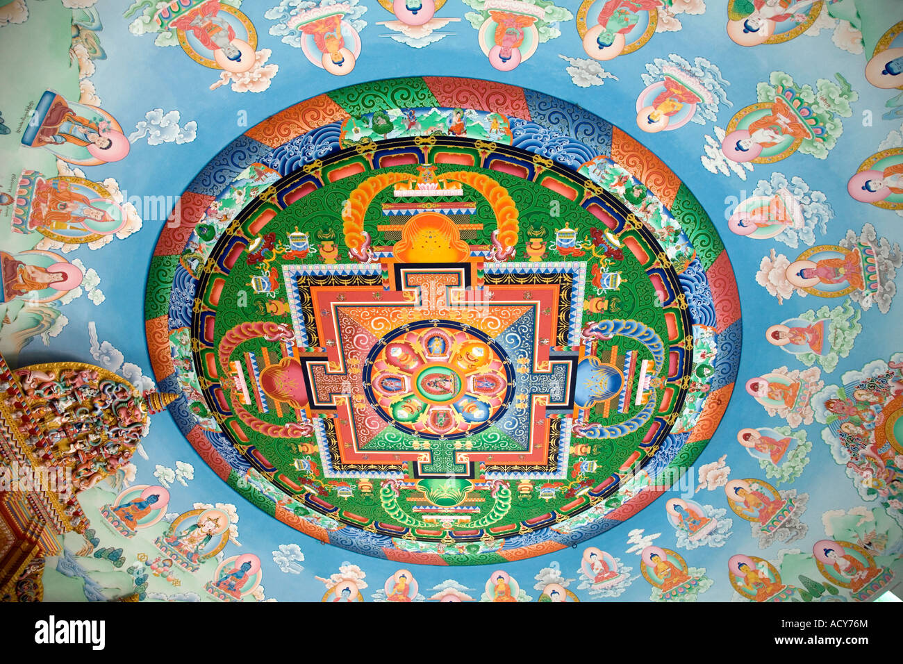 Detail of the ceiling mandala. German Buddhist Temple. Lumbini. Nepal Stock Photo