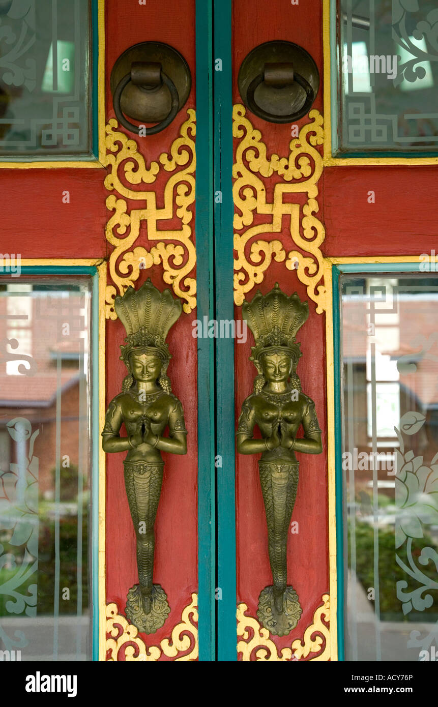Door decoration detail. German Buddhist Temple. Lumbini. Nepal Stock Photo