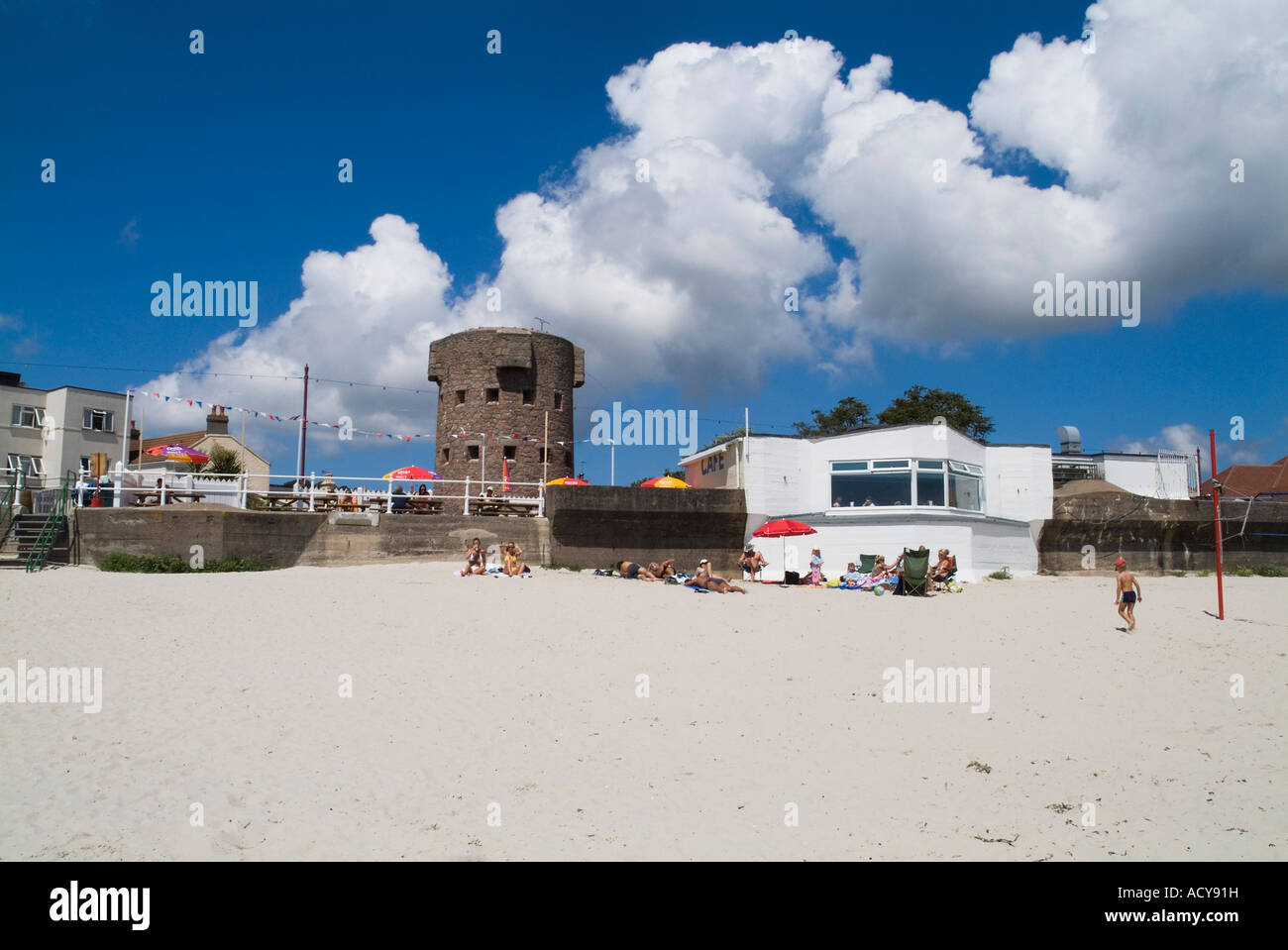 dh St Aubins Bay ST AUBINS BAY JERSEY Beach Gun Site cafe in second World War battery and Martello tower novelty cafes beaches channel islands uk Stock Photo
