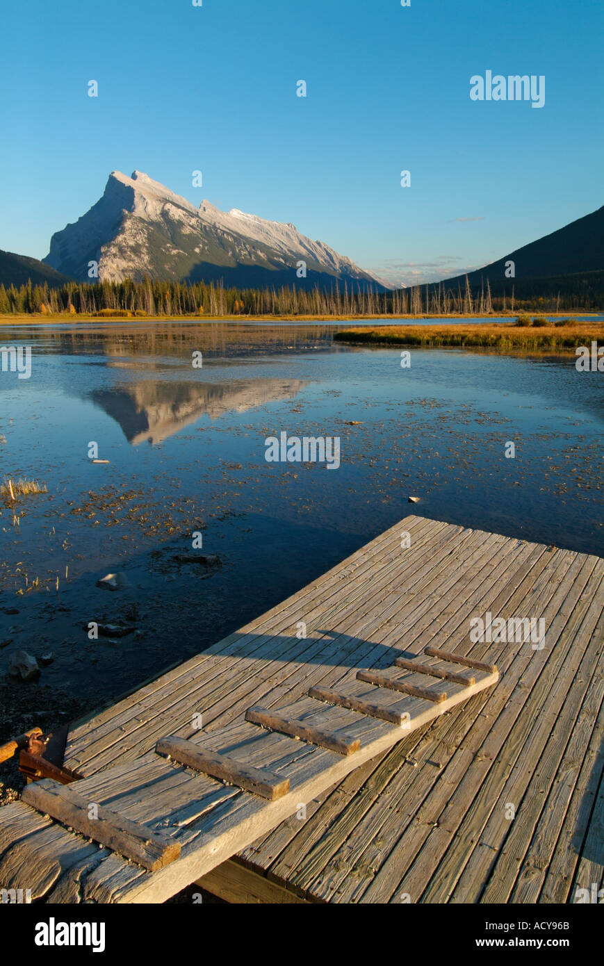 Mount Rundle overlooking Banff township seen from the shore of ...