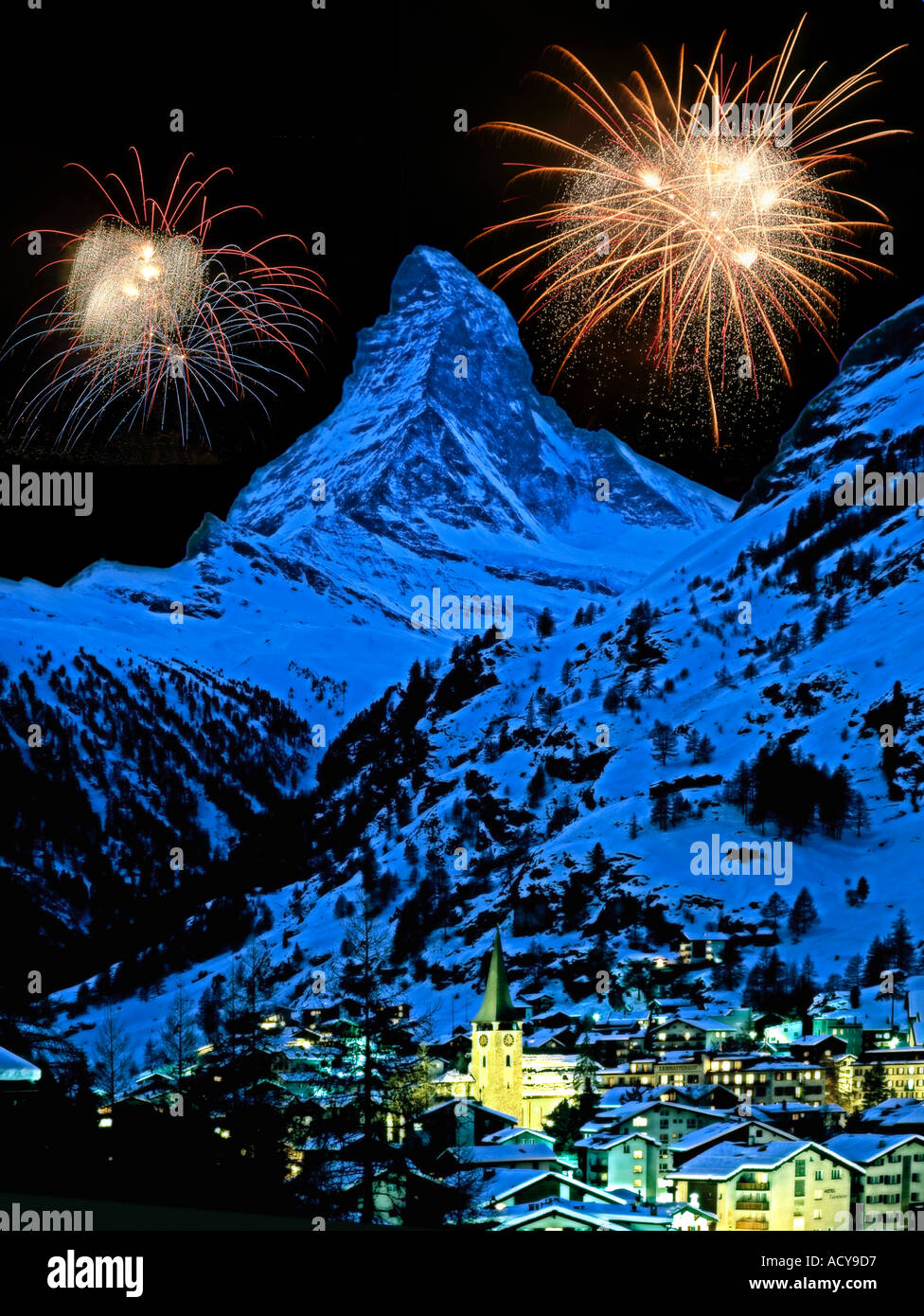 Switzerland Wallis Zermatt Mount Matterhorn fireworks composing Stock Photo