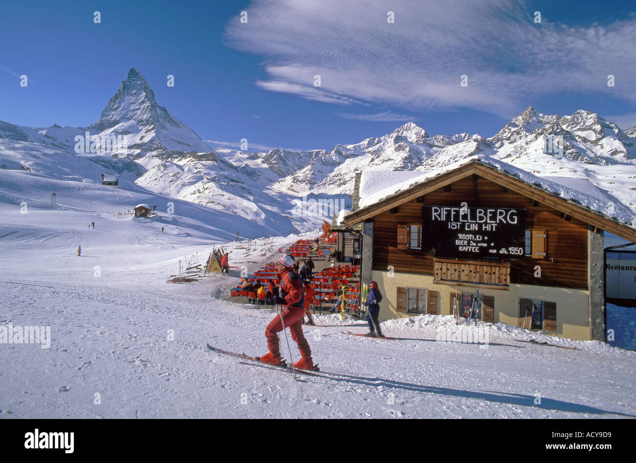 Switzerland Wallis Zermatt swiss alps Mount Matterhorn Riffelberg Gorner glacier skier Stock Photo