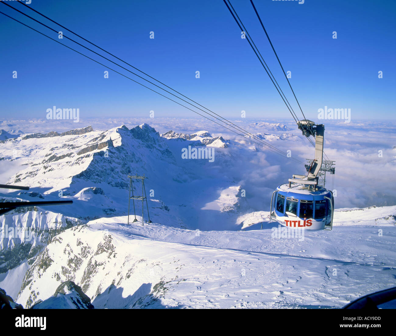 Switzerland swiss alps Titlis Panorama funicular blue sky Stock Photo
