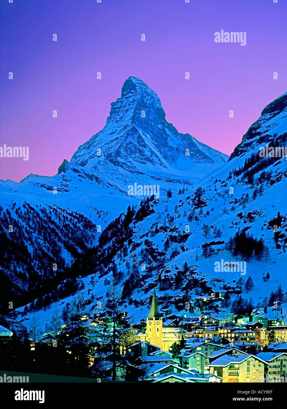 Switzerland Wallis Zermatt Mount Matterhorn sunset Stock Photo