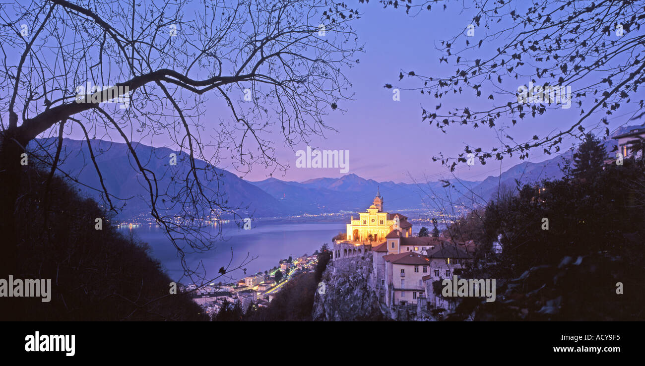 Switzerland Ticino Locarno Lago Maggiore church Madonna del Sasso dusk Stock Photo