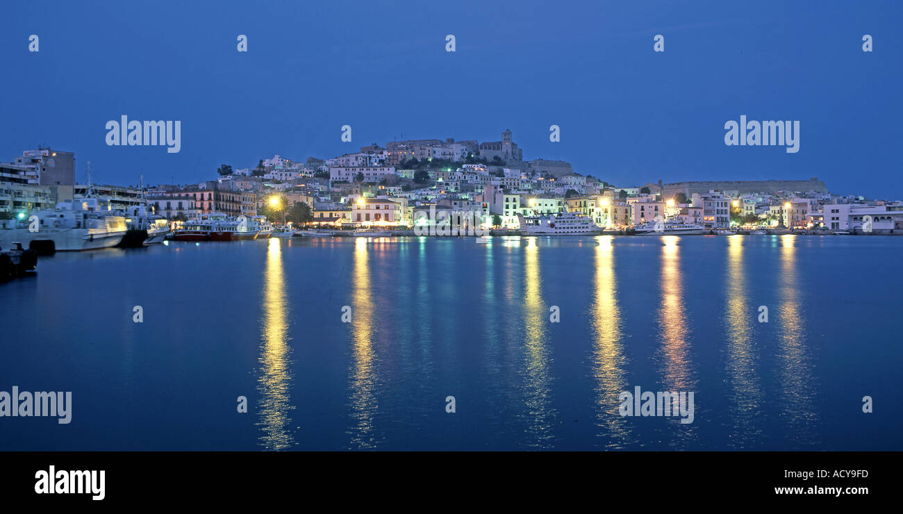 Spain Baleares island Ibiza skyline marina twilight panorama Stock Photo