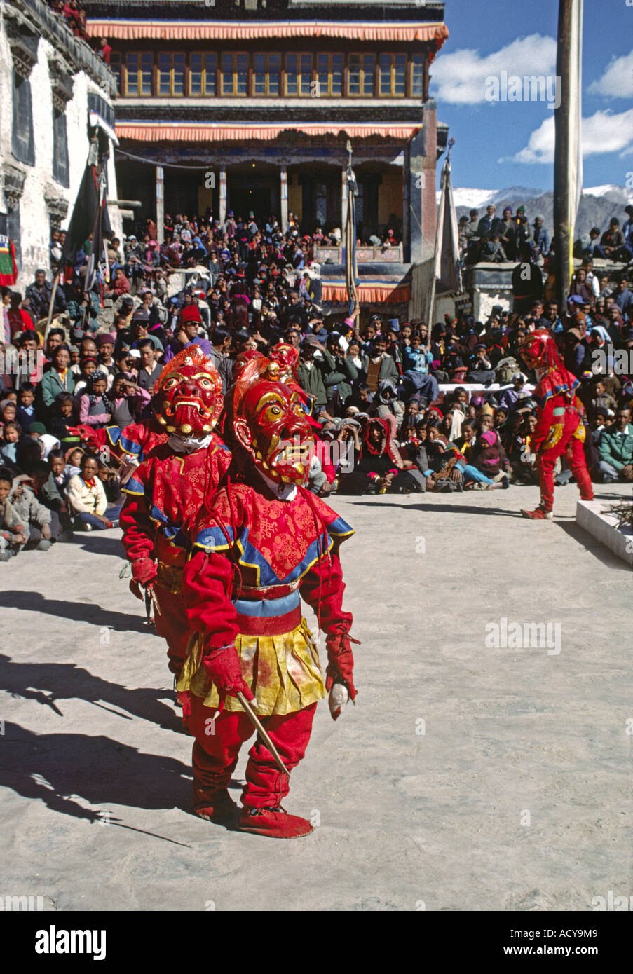 MASKED DANCERS representing GHOULS with horrific expressions TIKSE Monastery Masked Dances LADAKH INDIA Stock Photo