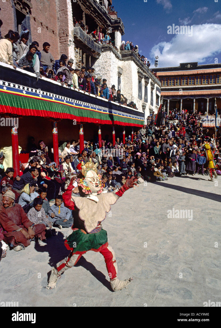 SKULL MASK DANCER representing non attachment and used as comic relief AT THE TIKSE Monastery Masked Dances LADAKH INDIA Stock Photo
