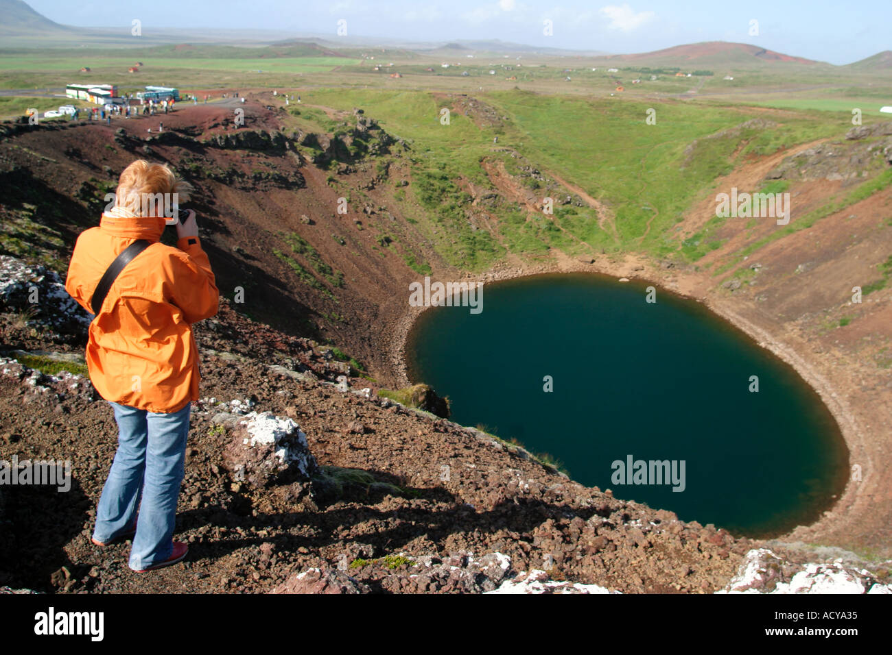 Iceland South West on the way to Haukadalur Geysirs crater tourists Stock Photo