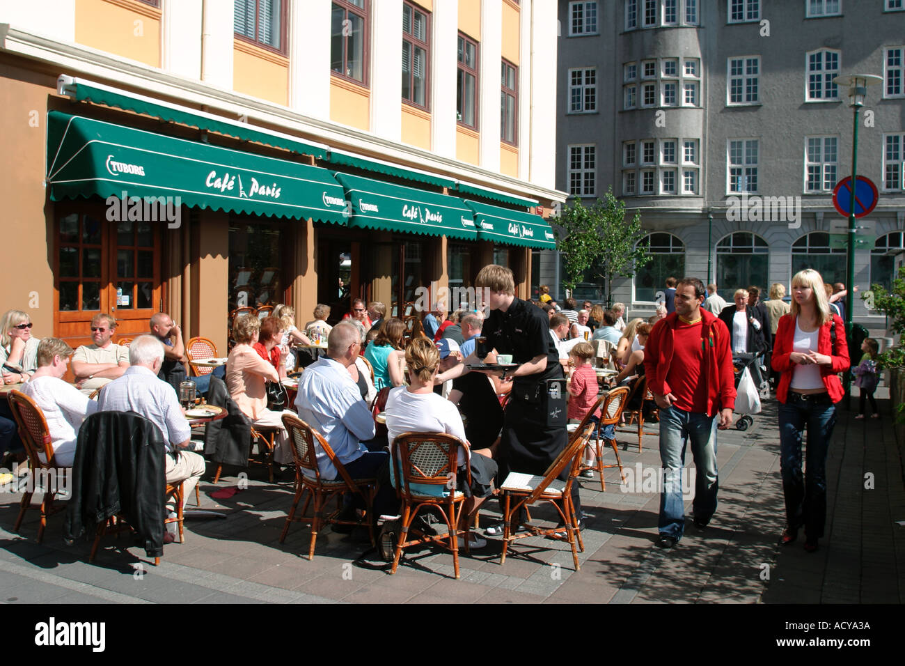 Iceland Reykjavik center Cafe Paris outdoor terasse in summer crowded people Stock Photo