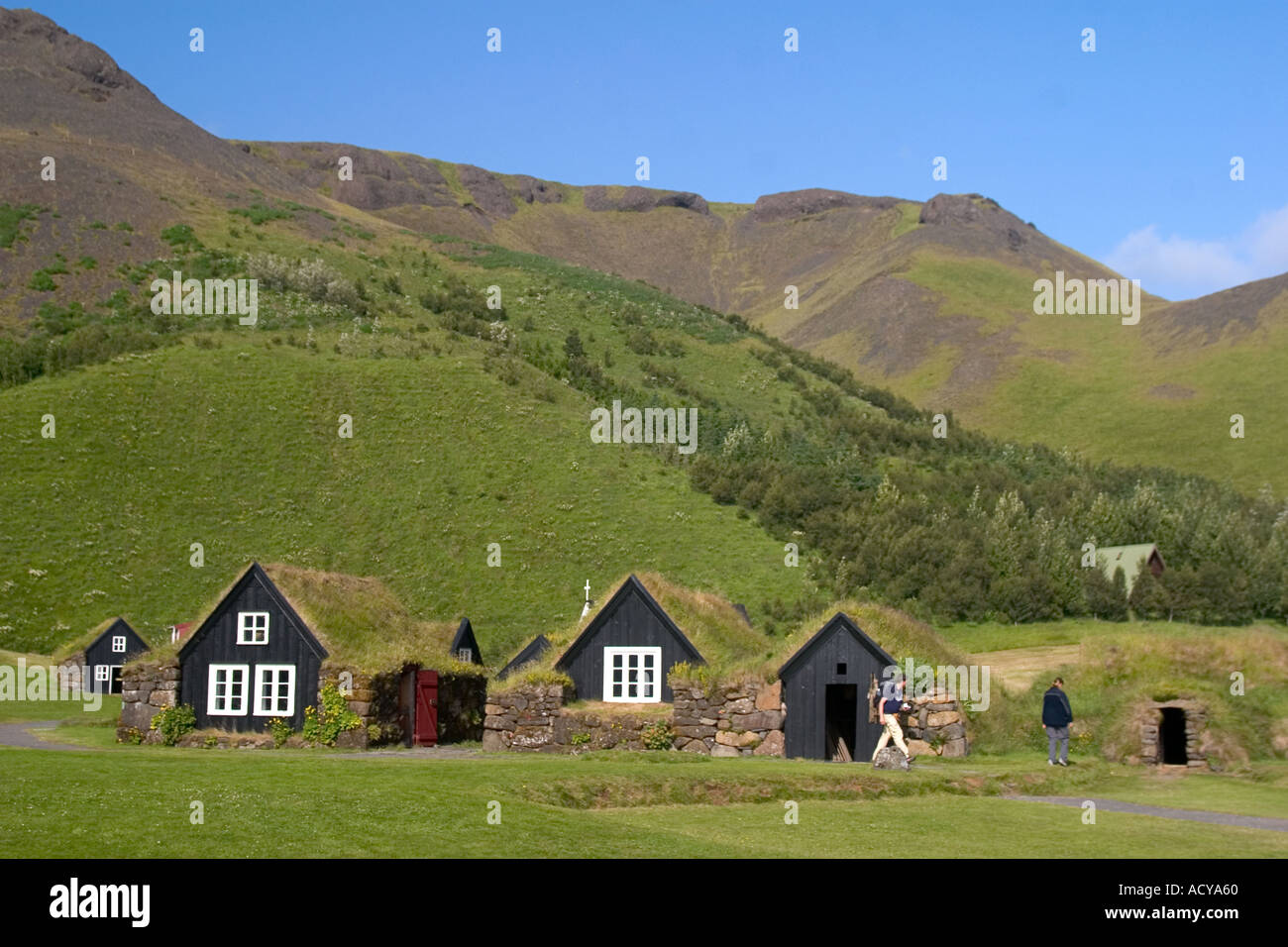 Iceland Skogar open air museum little typical farmhouses in green landscape Stock Photo