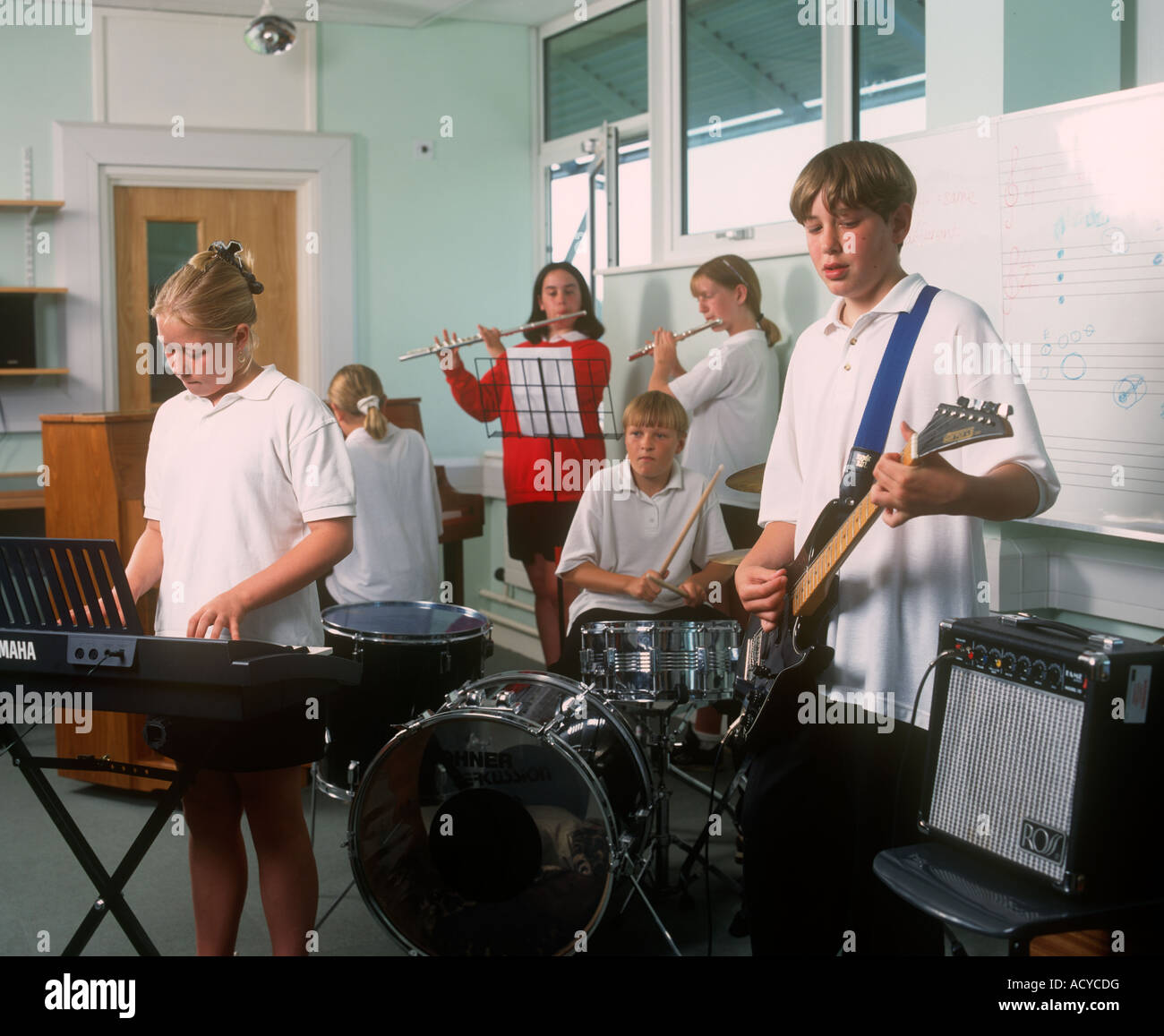 School band rock group music class Stock Photo Alamy
