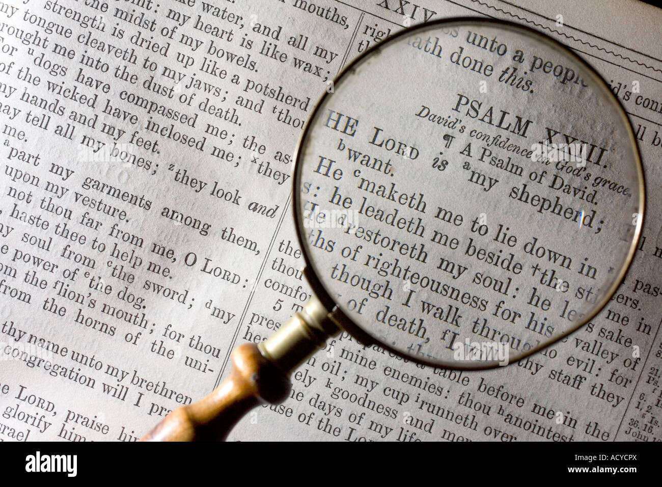 Magnifying glass looking at twenty third 23 psalm in bible Stock Photo